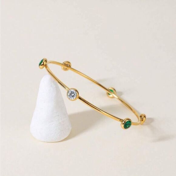 Gold and Green Bangle Bracelet Q593 - Picture 2 of 7